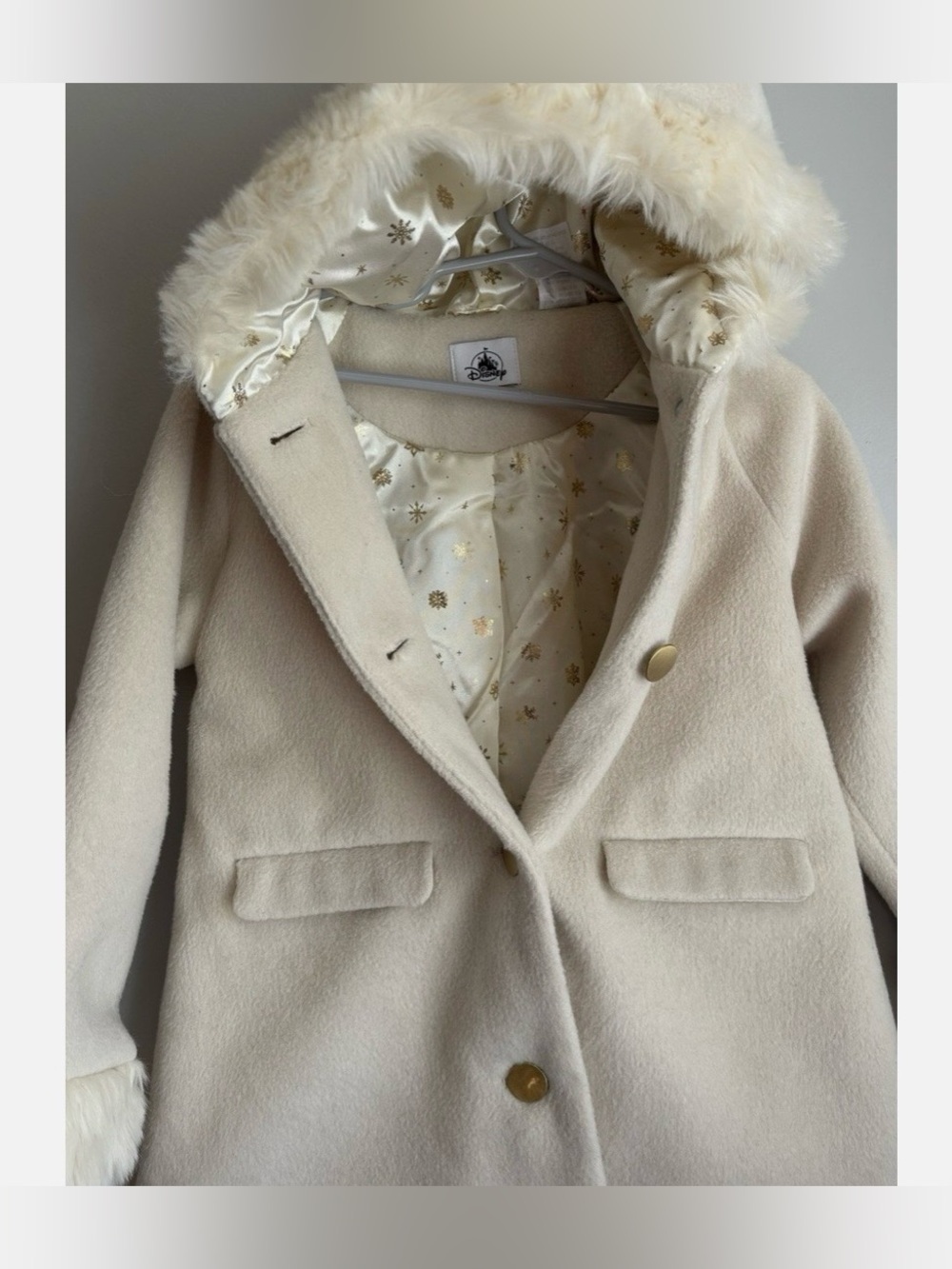 Disney Girls Cream Wool-Blend Hooded Coat w/ Gold Snowflake Lining